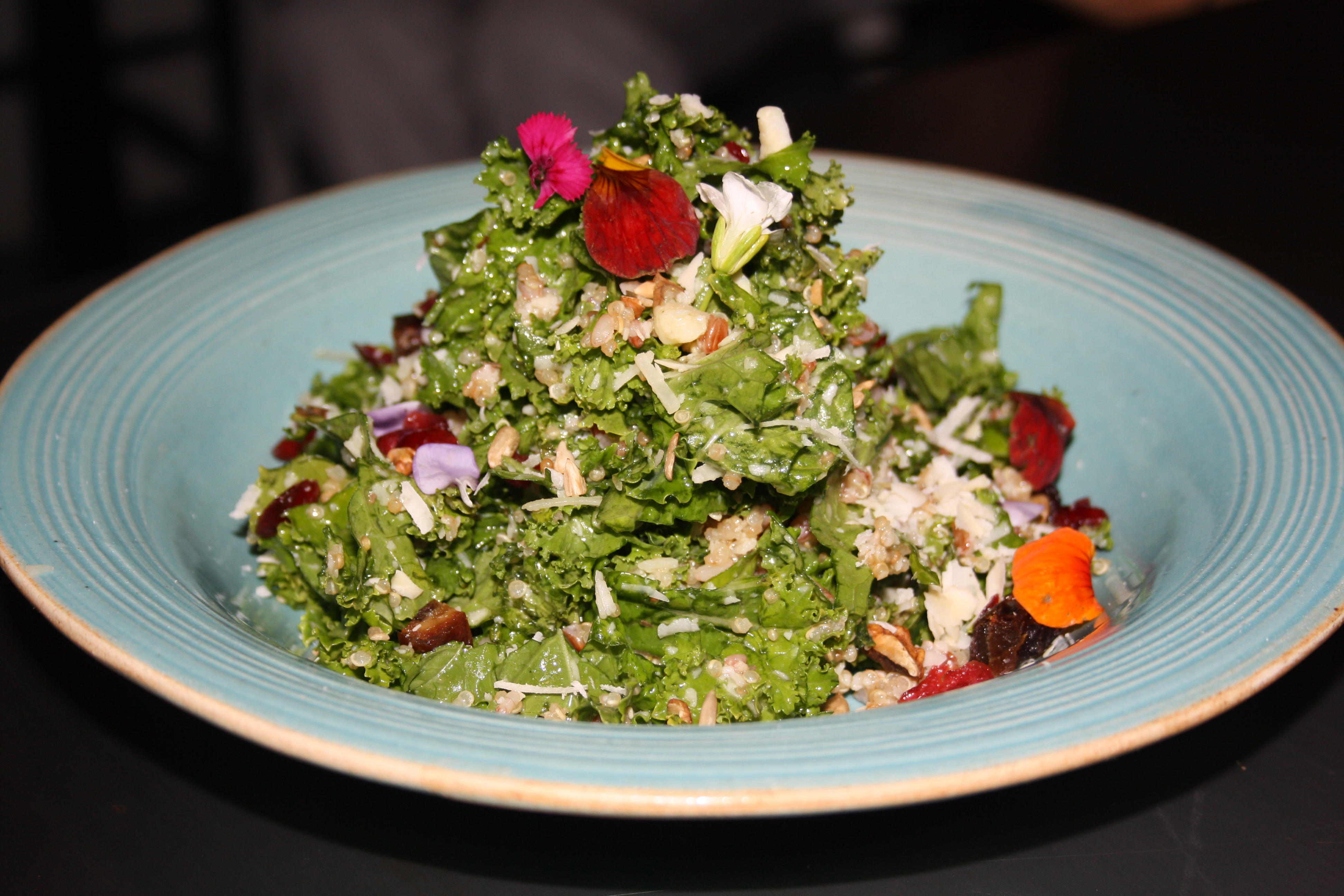 Kale and Quinoa Salad with Dates, Toasted Walnuts, Lime Parmesan Dressing