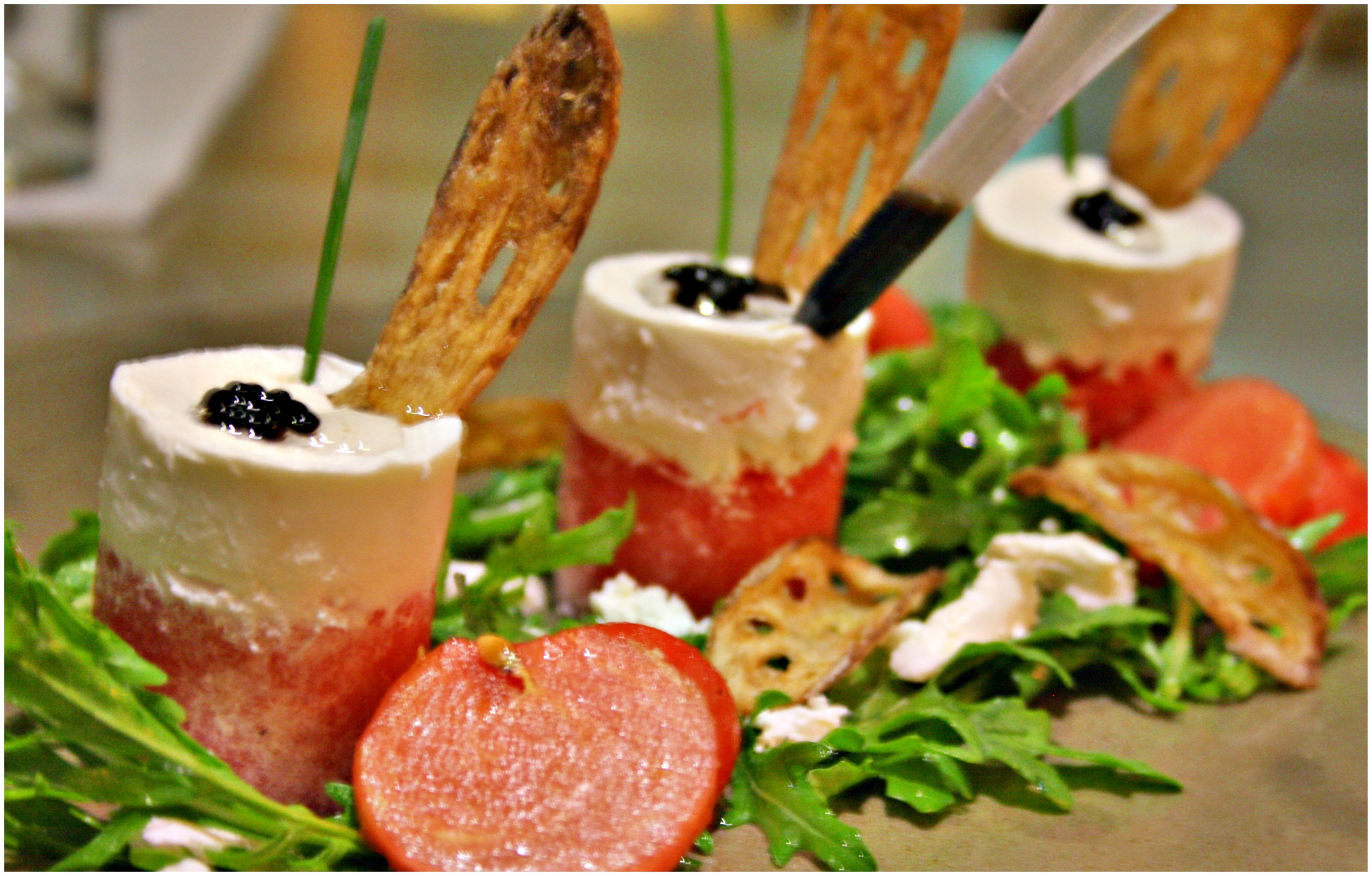 Watermelon and Feta Cheese Salad with Balsamic Dropper and Lotus Stem Chips