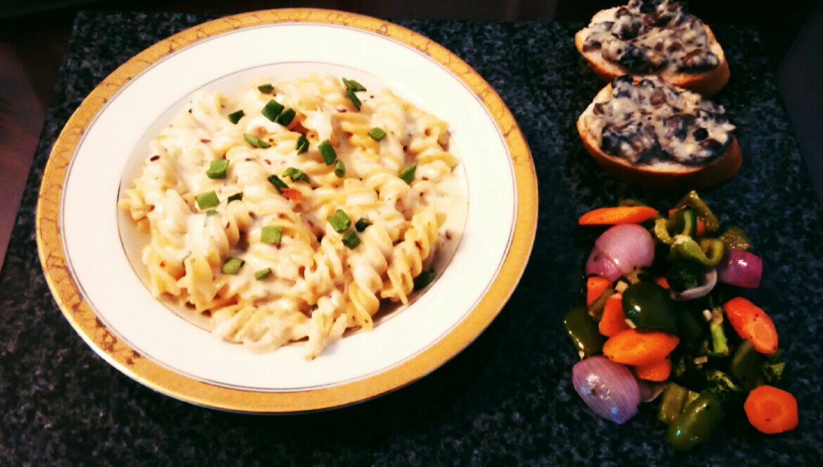 Bellydriven's Fusilli Alfredo with Mushroom crostini and Herbed vegetables